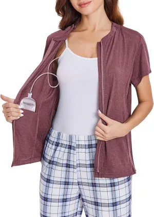 Deyeek Mastectomy Shirts with Drain Pockets Post Shoulder Surgery Tops for Women Chemo Port Short Sleeve with Zippers
