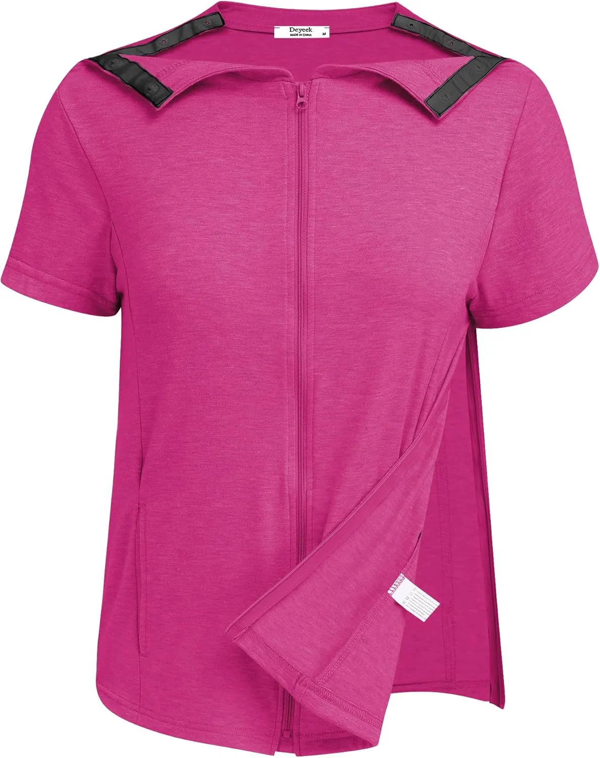 Deyeek Mastectomy Shirts with Drain Pockets Post Shoulder Surgery Tops for Women Chemo Port Short Sleeve with Zippers