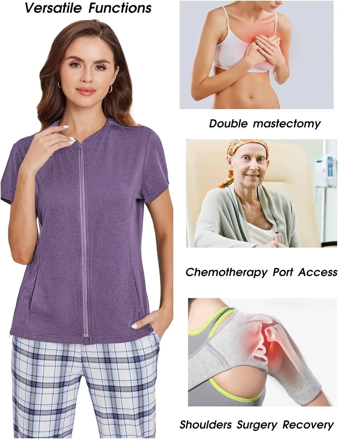 Deyeek Mastectomy Shirts with Drain Pockets Post Shoulder Surgery Tops for Women Chemo Port Short Sleeve with Zippers