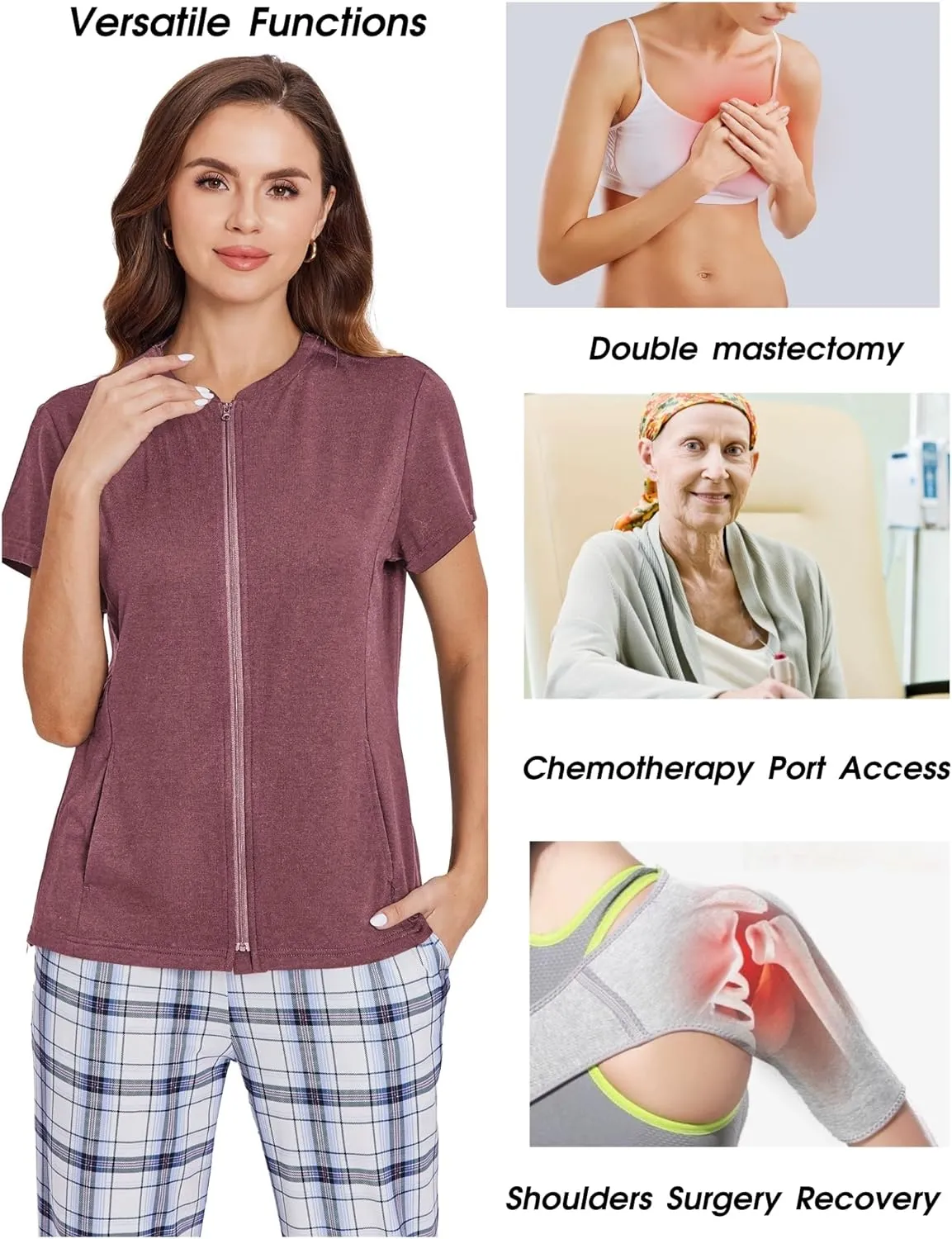 Deyeek Mastectomy Shirts with Drain Pockets Post Shoulder Surgery Tops for Women Chemo Port Short Sleeve with Zippers