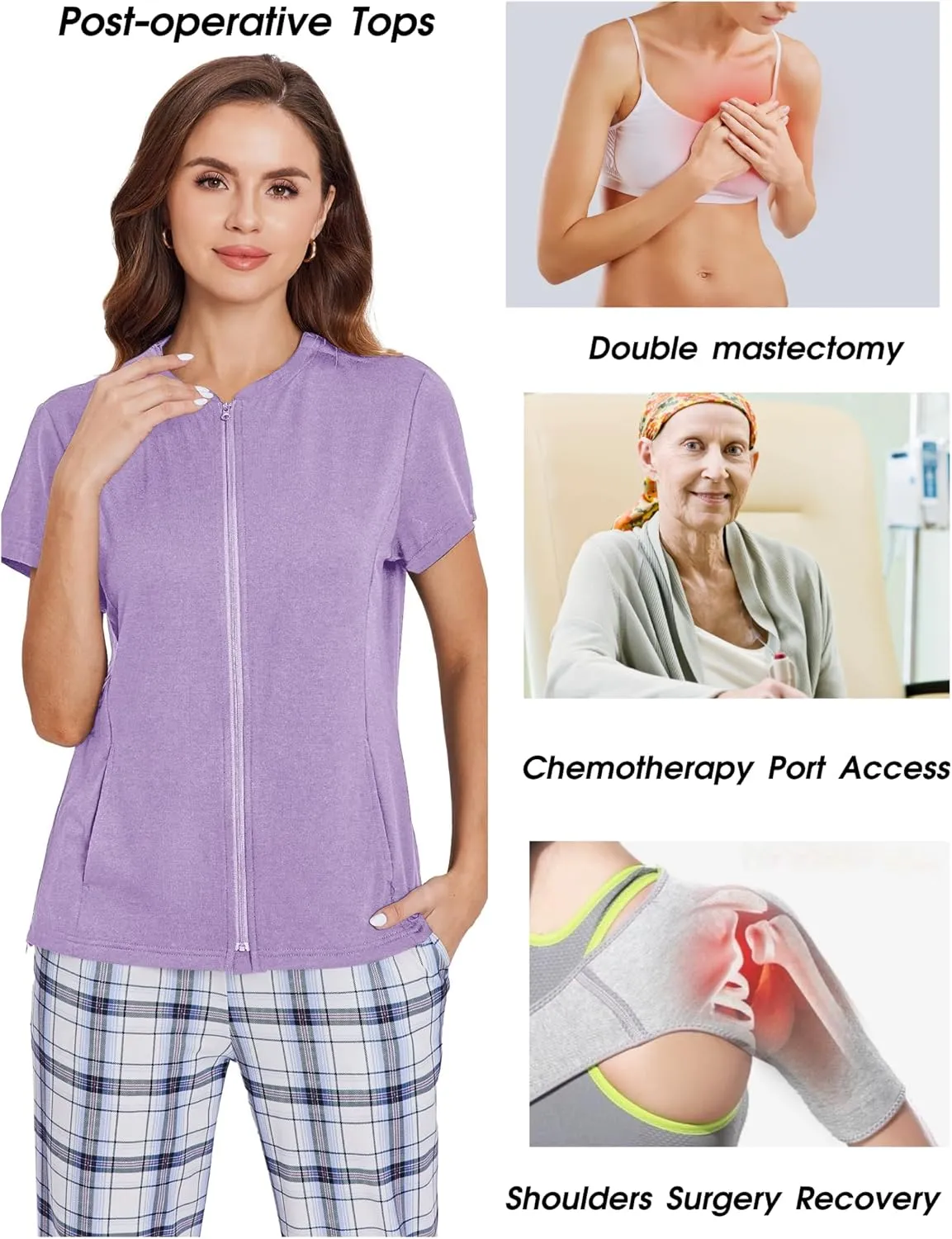 Deyeek Mastectomy Shirts with Drain Pockets Post Shoulder Surgery Tops for Women Chemo Port Short Sleeve with Zippers