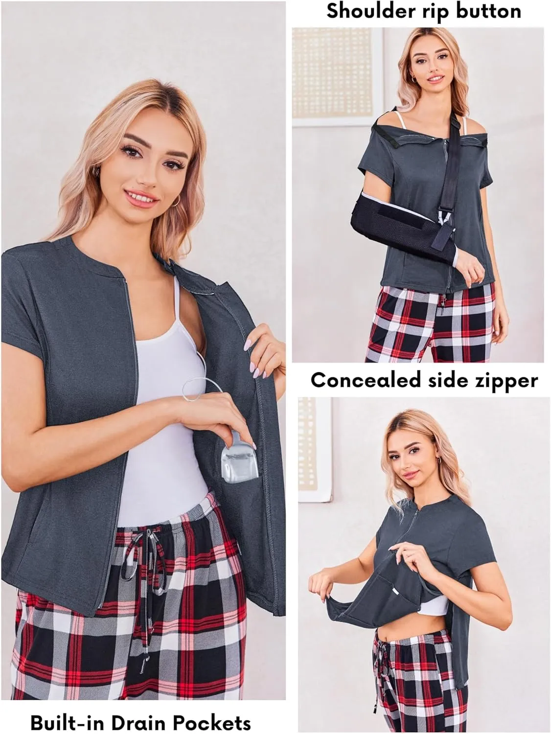 Deyeek Mastectomy Shirts with Drain Pockets Post Shoulder Surgery Tops for Women Chemo Port Short Sleeve with Zippers
