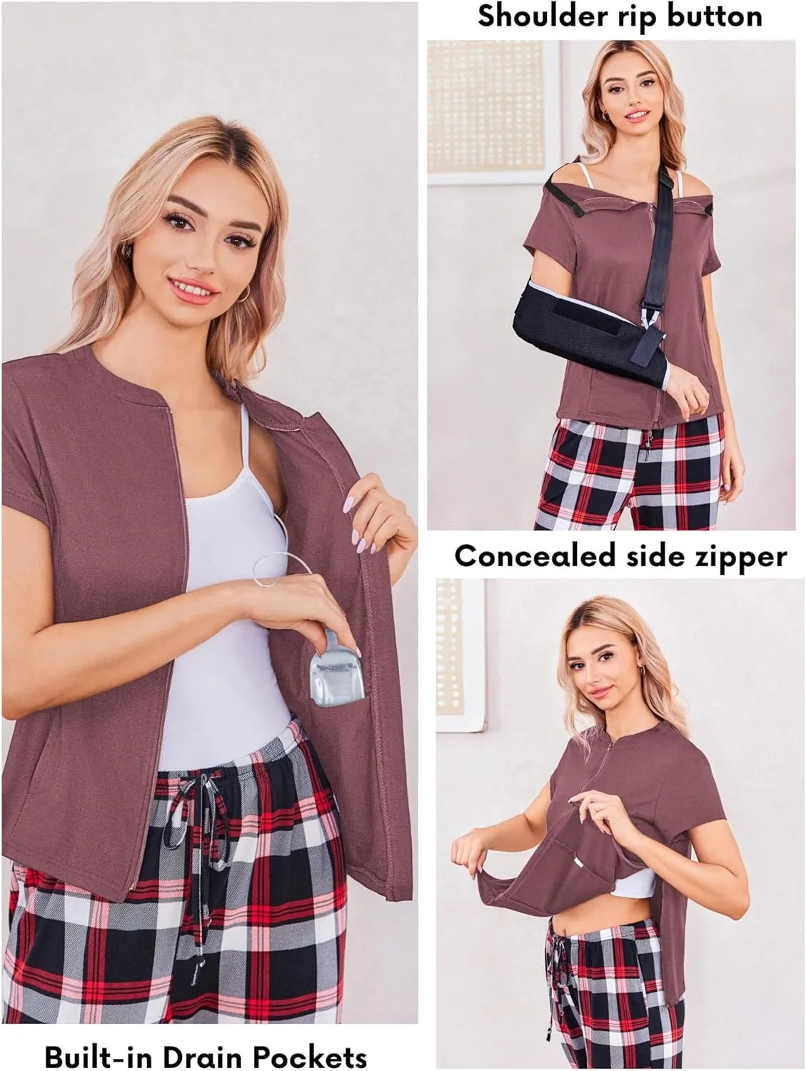 Deyeek Mastectomy Shirts with Drain Pockets Post Shoulder Surgery Tops for Women Chemo Port Short Sleeve with Zippers