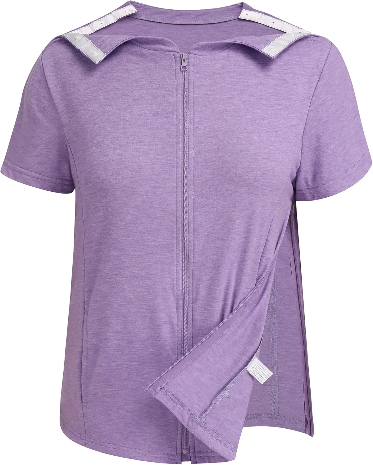 Deyeek Mastectomy Shirts with Drain Pockets Post Shoulder Surgery Tops for Women Chemo Port Short Sleeve with Zippers