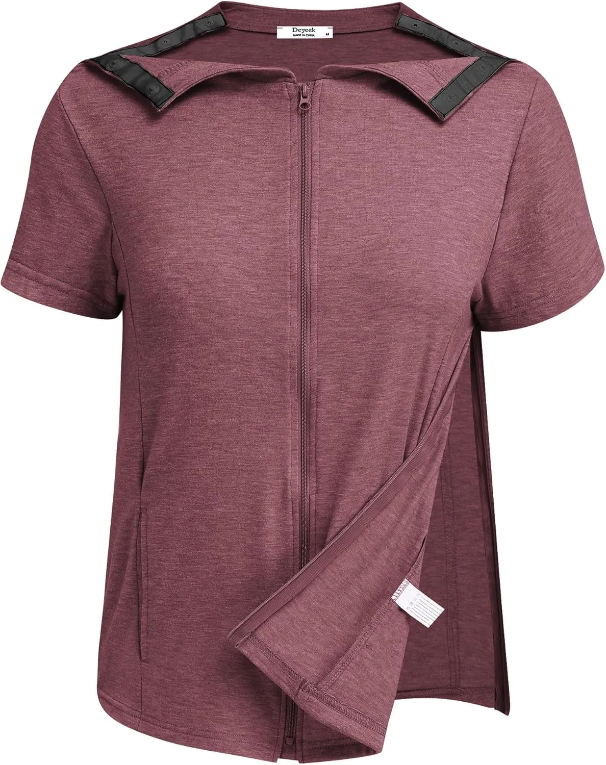Deyeek Mastectomy Shirts with Drain Pockets Post Shoulder Surgery Tops for Women Chemo Port Short Sleeve with Zippers