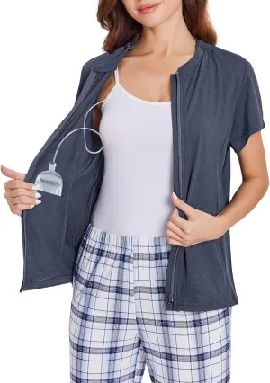 Deyeek Mastectomy Shirts with Drain Pockets Post Shoulder Surgery Tops for Women Chemo Port Short Sleeve with Zippers