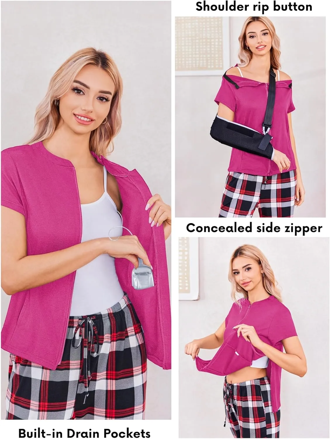 Deyeek Mastectomy Shirts with Drain Pockets Post Shoulder Surgery Tops for Women Chemo Port Short Sleeve with Zippers