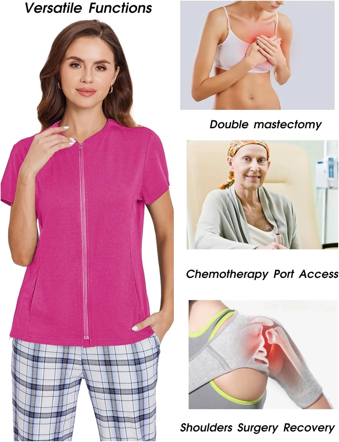 Deyeek Mastectomy Shirts with Drain Pockets Post Shoulder Surgery Tops for Women Chemo Port Short Sleeve with Zippers