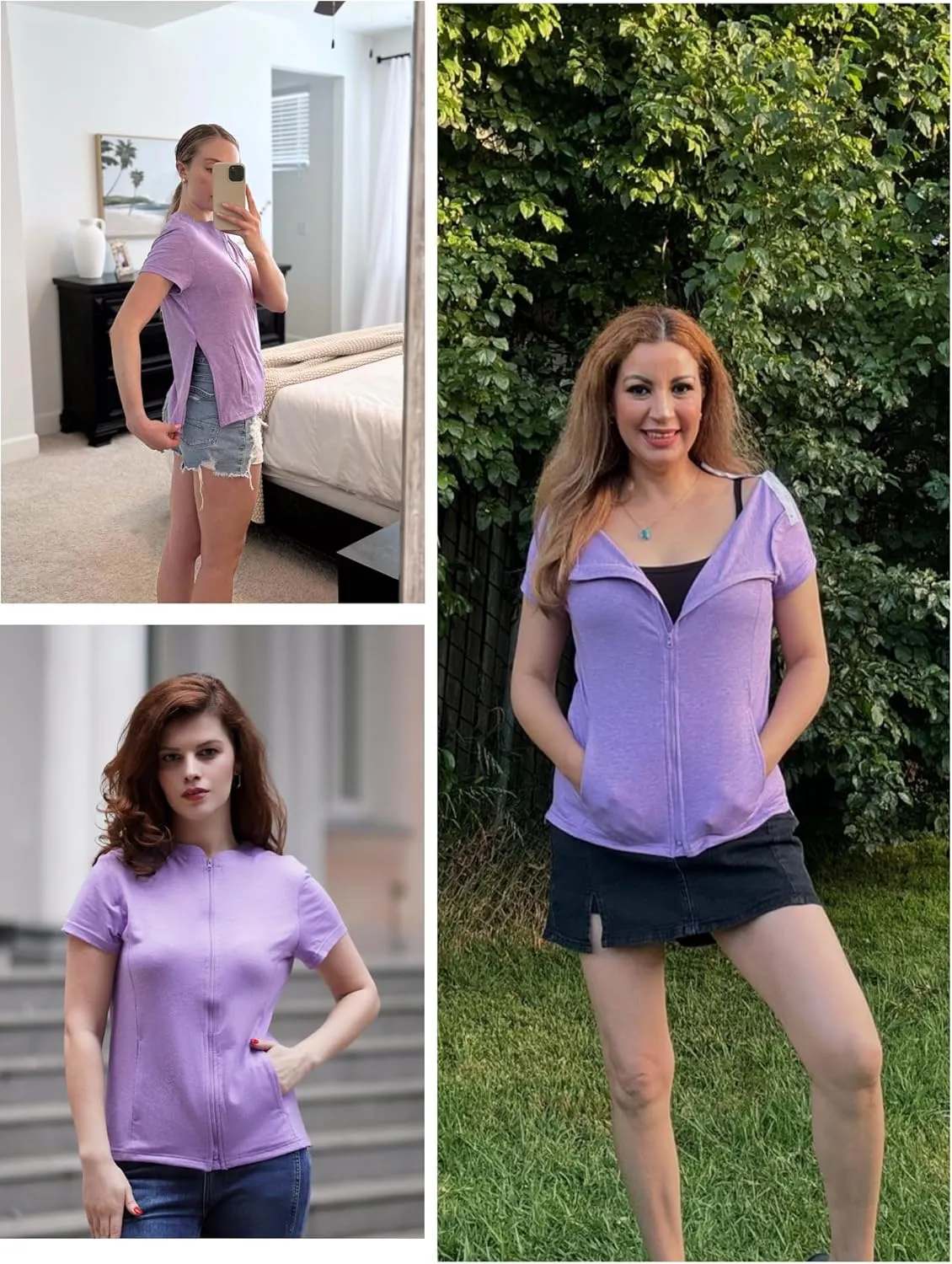 Deyeek Mastectomy Shirts with Drain Pockets Post Shoulder Surgery Tops for Women Chemo Port Short Sleeve with Zippers