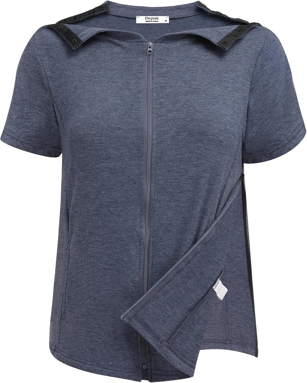 Deyeek Mastectomy Shirts with Drain Pockets Post Shoulder Surgery Tops for Women Chemo Port Short Sleeve with Zippers