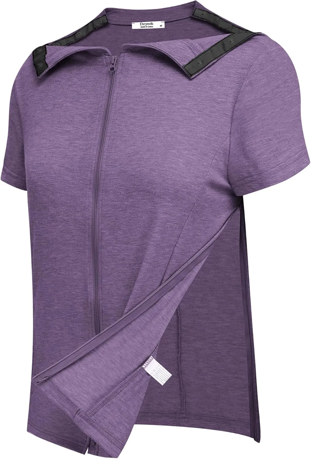 Deyeek Mastectomy Shirts with Drain Pockets Post Shoulder Surgery Tops for Women Chemo Port Short Sleeve with Zippers