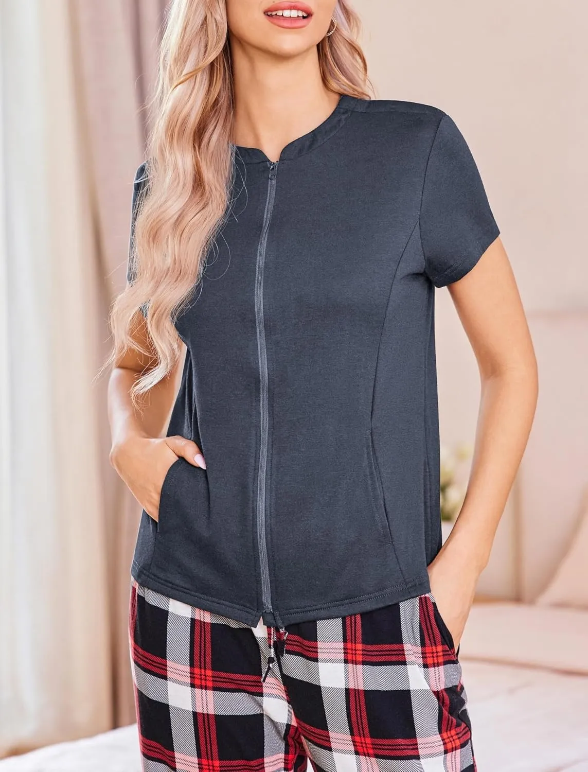 Deyeek Mastectomy Shirts with Drain Pockets Post Shoulder Surgery Tops for Women Chemo Port Short Sleeve with Zippers