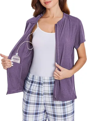Deyeek Mastectomy Shirts with Drain Pockets Post Shoulder Surgery Tops for Women Chemo Port Short Sleeve with Zippers