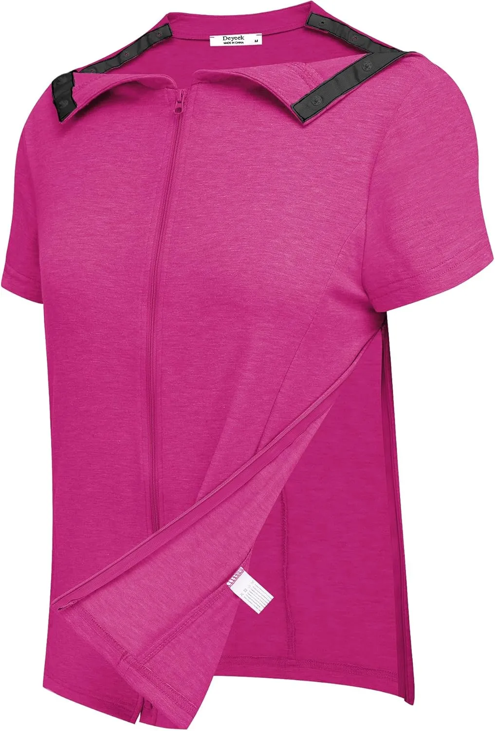 Deyeek Mastectomy Shirts with Drain Pockets Post Shoulder Surgery Tops for Women Chemo Port Short Sleeve with Zippers