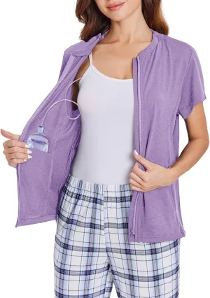 Deyeek Mastectomy Shirts with Drain Pockets Post Shoulder Surgery Tops for Women Chemo Port Short Sleeve with Zippers