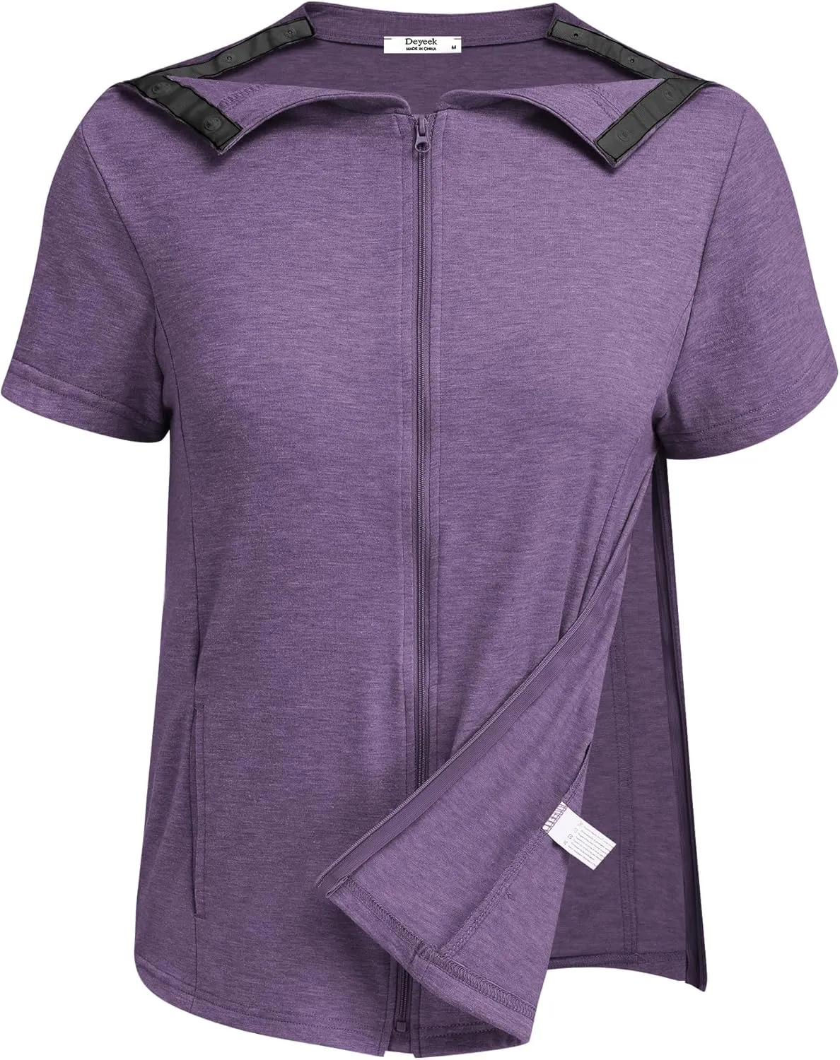Deyeek Mastectomy Shirts with Drain Pockets Post Shoulder Surgery Tops for Women Chemo Port Short Sleeve with Zippers