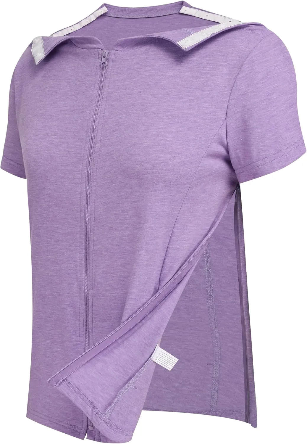 Deyeek Mastectomy Shirts with Drain Pockets Post Shoulder Surgery Tops for Women Chemo Port Short Sleeve with Zippers
