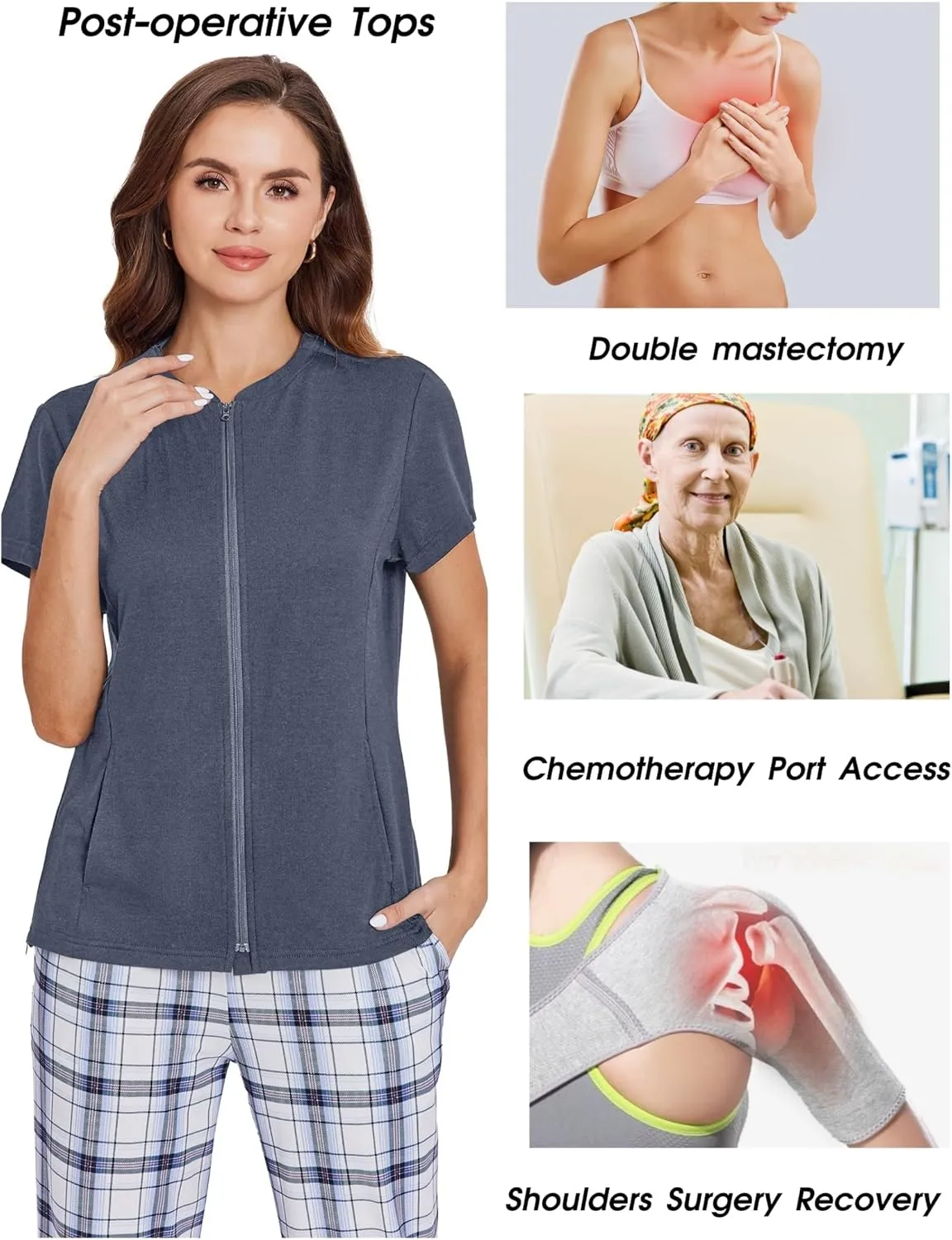 Deyeek Mastectomy Shirts with Drain Pockets Post Shoulder Surgery Tops for Women Chemo Port Short Sleeve with Zippers