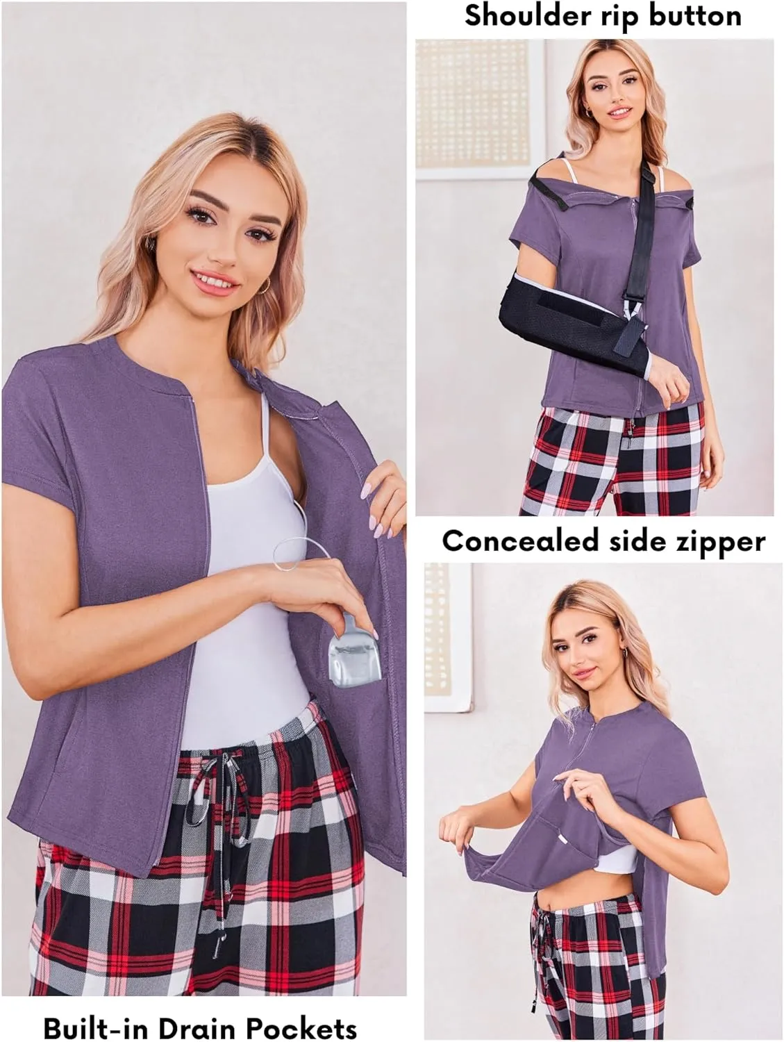 Deyeek Mastectomy Shirts with Drain Pockets Post Shoulder Surgery Tops for Women Chemo Port Short Sleeve with Zippers