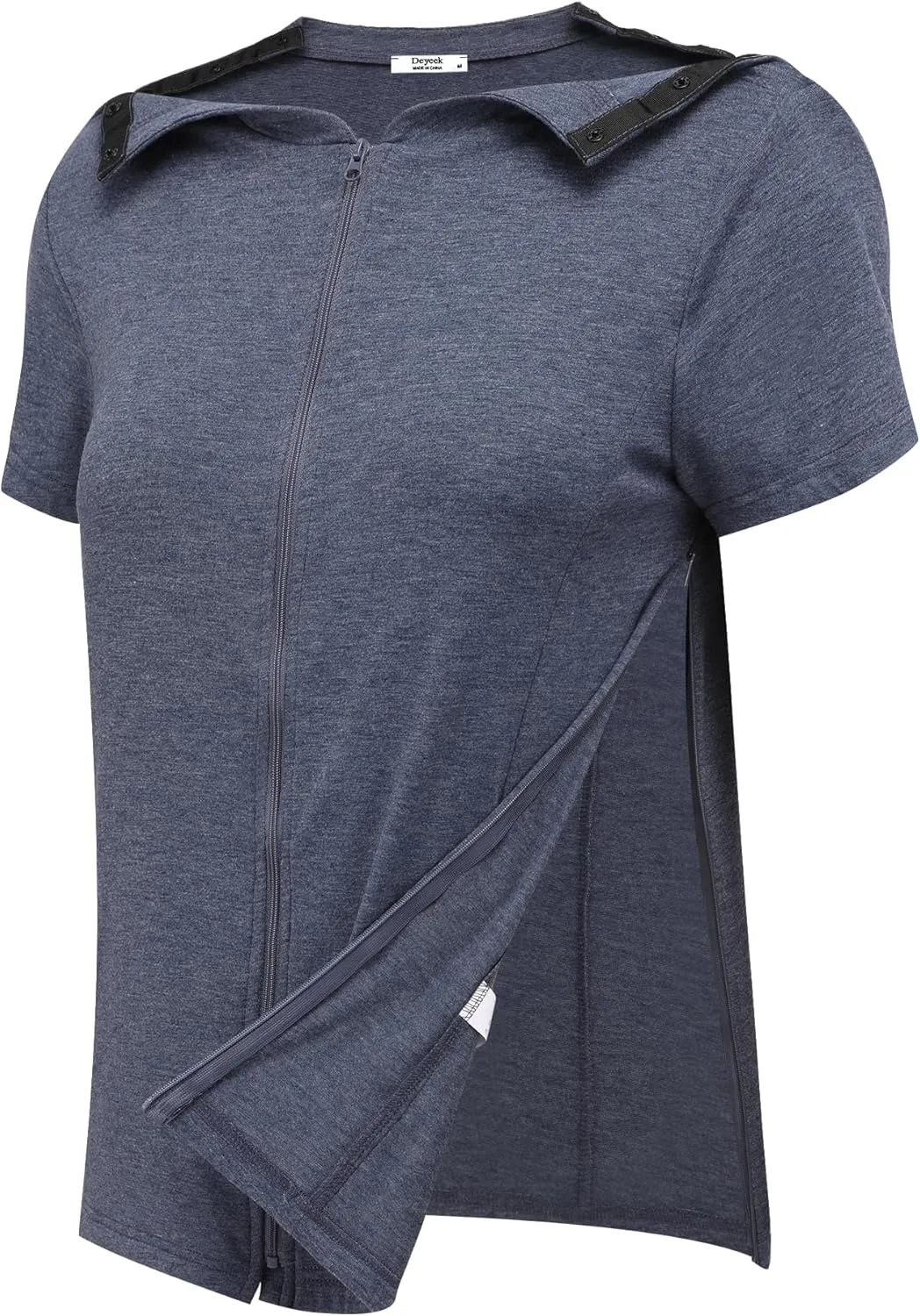 Deyeek Mastectomy Shirts with Drain Pockets Post Shoulder Surgery Tops for Women Chemo Port Short Sleeve with Zippers