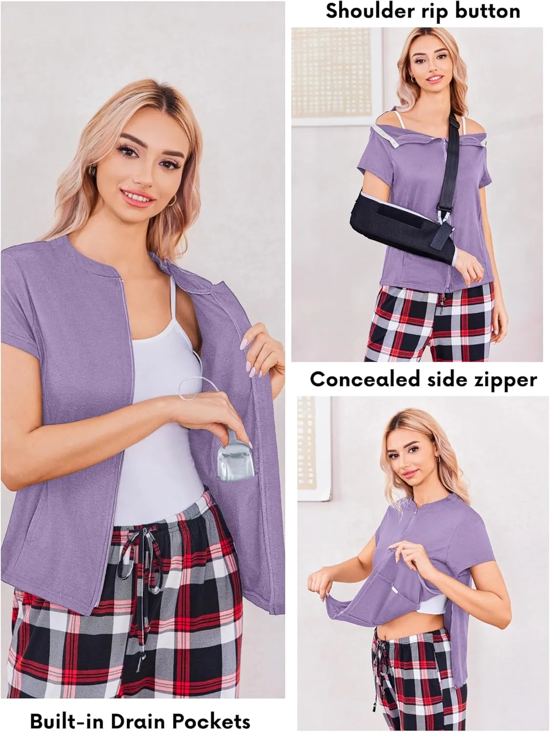 Deyeek Mastectomy Shirts with Drain Pockets Post Shoulder Surgery Tops for Women Chemo Port Short Sleeve with Zippers