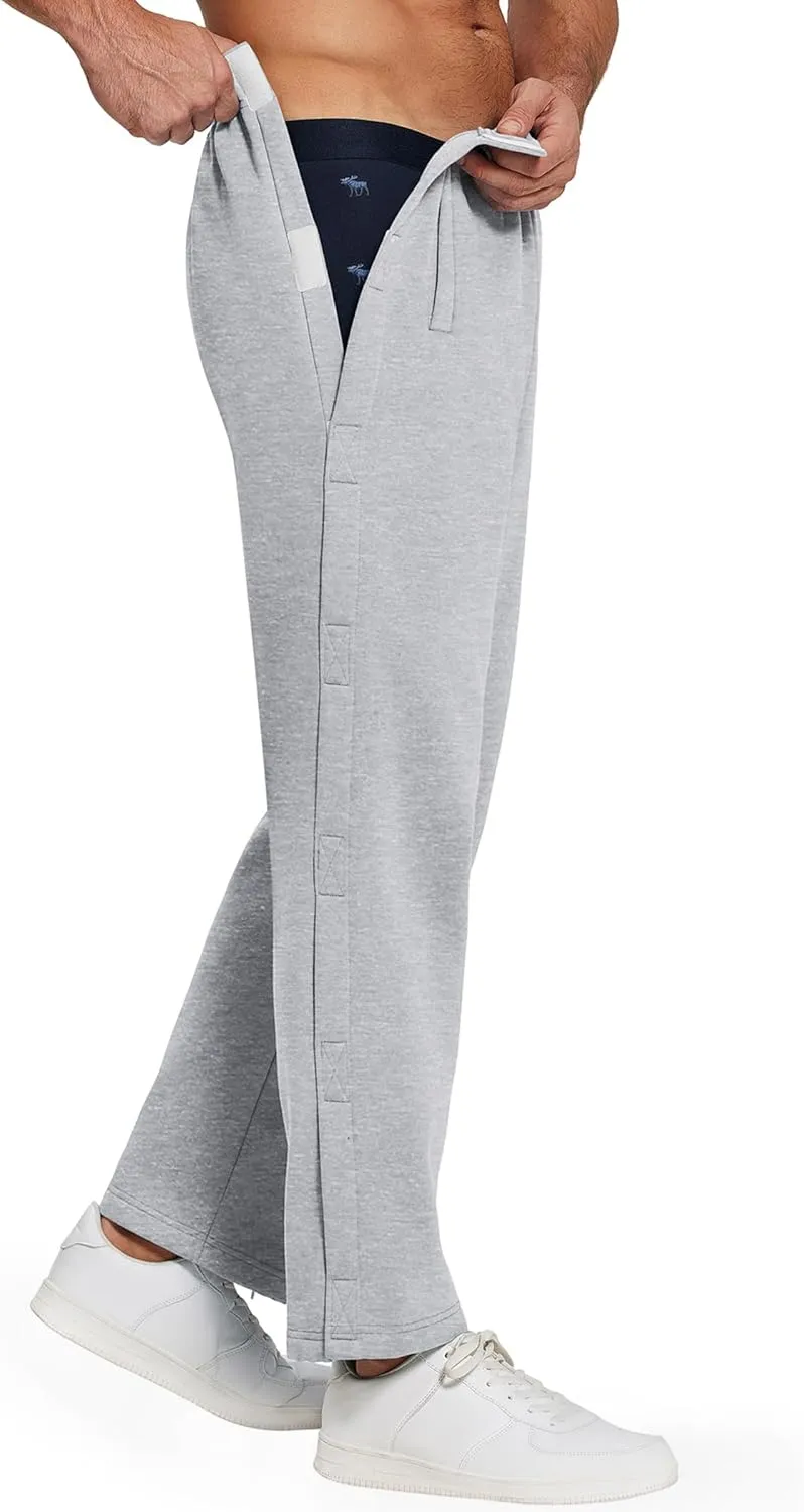 Deyeek Mens Fleece Tear Away Pants Loose Fit Post Knee Replacement Surgery Pants Breakaway Sweatpants Side Snap with Pockets