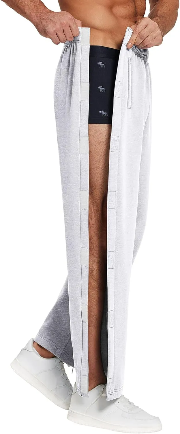 Deyeek Mens Fleece Tear Away Pants Loose Fit Post Knee Replacement Surgery Pants Breakaway Sweatpants Side Snap with Pockets