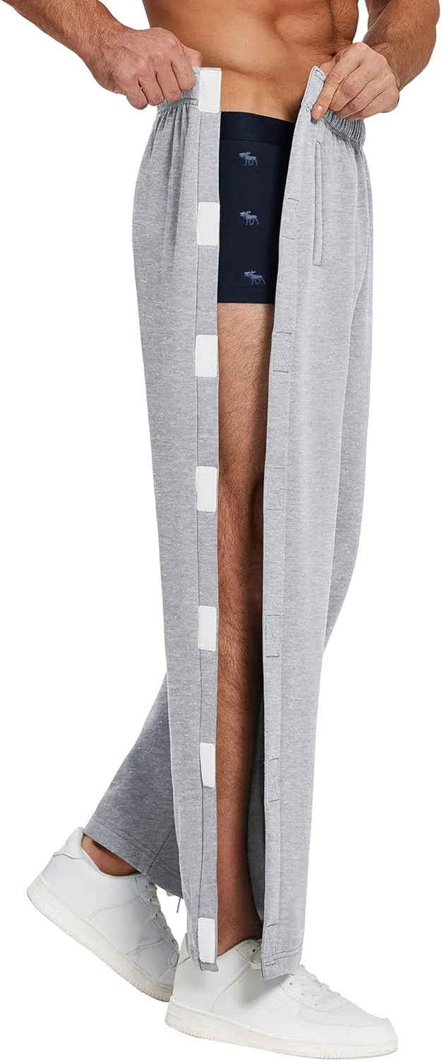 Deyeek Mens Fleece Tear Away Pants Loose Fit Post Knee Replacement Surgery Pants Breakaway Sweatpants Side Snap with Pockets