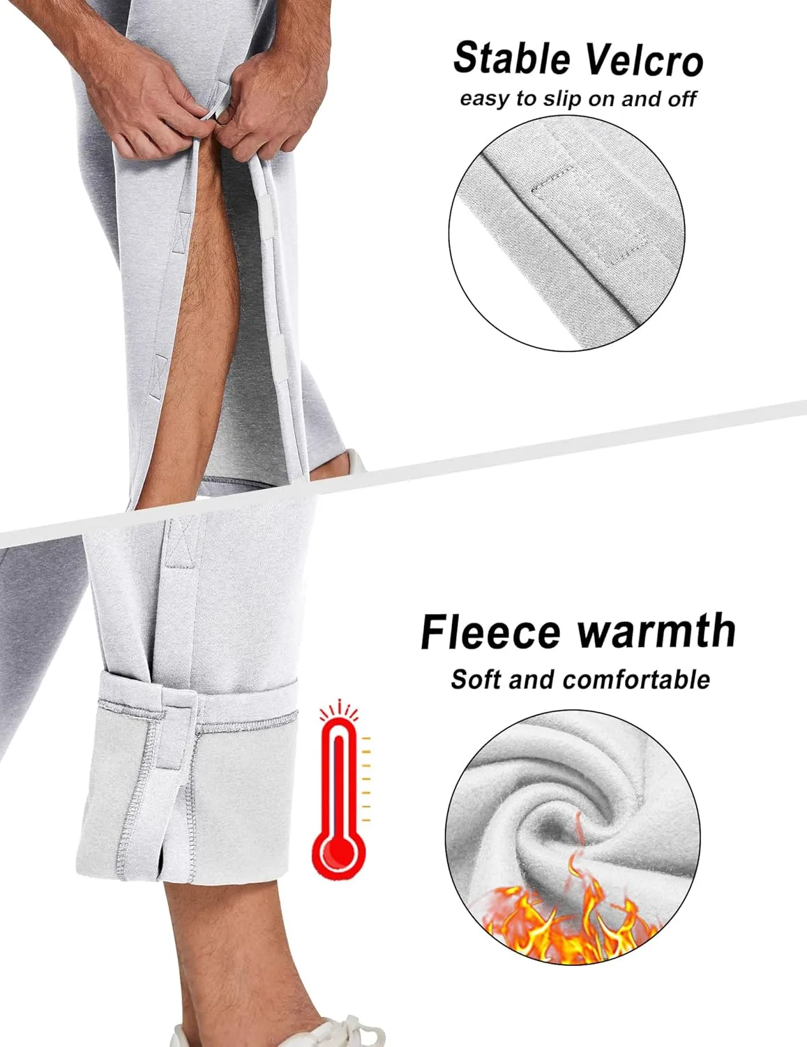 Deyeek Mens Fleece Tear Away Pants Loose Fit Post Knee Replacement Surgery Pants Breakaway Sweatpants Side Snap with Pockets