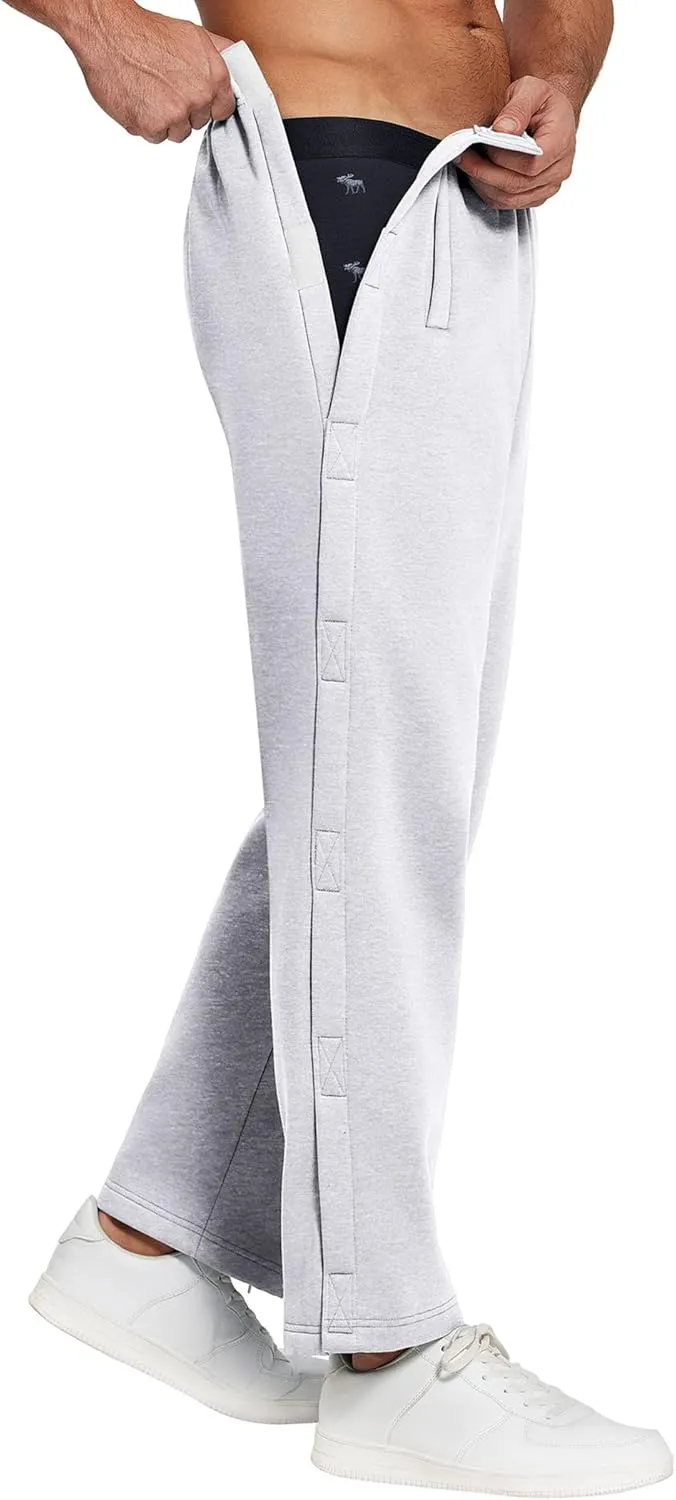 Deyeek Mens Fleece Tear Away Pants Loose Fit Post Knee Replacement Surgery Pants Breakaway Sweatpants Side Snap with Pockets