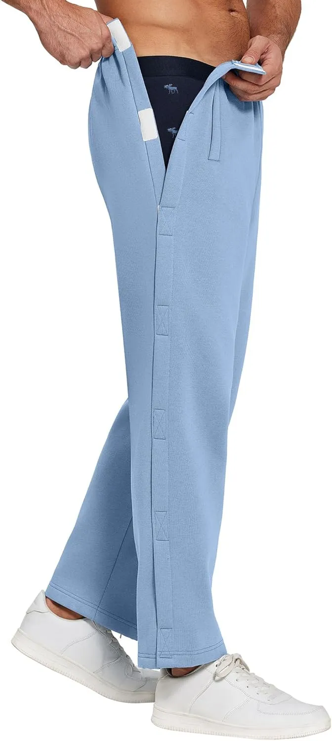 Deyeek Mens Fleece Tear Away Pants Loose Fit Post Knee Replacement Surgery Pants Breakaway Sweatpants Side Snap with Pockets