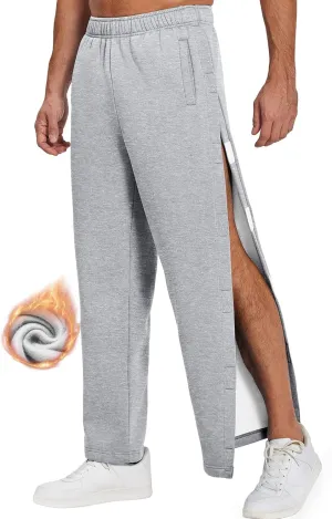 Deyeek Mens Fleece Tear Away Pants Loose Fit Post Knee Replacement Surgery Pants Breakaway Sweatpants Side Snap with Pockets