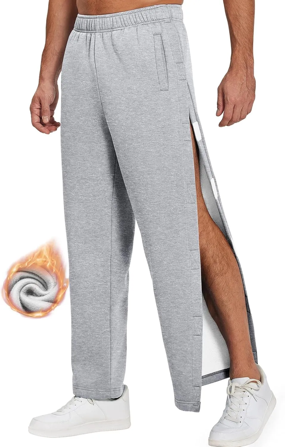 Deyeek Mens Fleece Tear Away Pants Loose Fit Post Knee Replacement Surgery Pants Breakaway Sweatpants Side Snap with Pockets