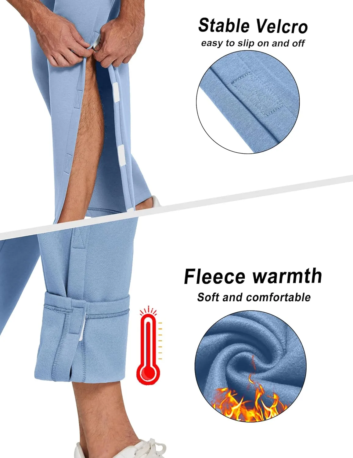 Deyeek Mens Fleece Tear Away Pants Loose Fit Post Knee Replacement Surgery Pants Breakaway Sweatpants Side Snap with Pockets