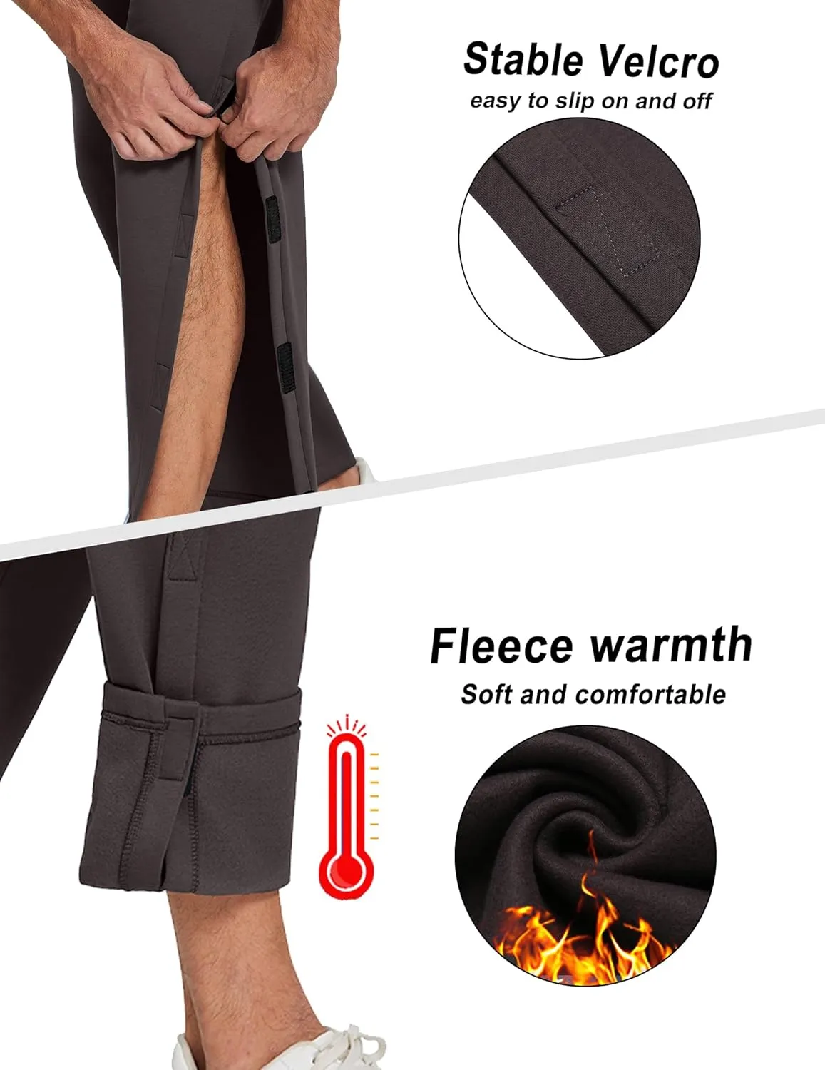 Deyeek Mens Fleece Tear Away Pants Loose Fit Post Knee Replacement Surgery Pants Breakaway Sweatpants Side Snap with Pockets
