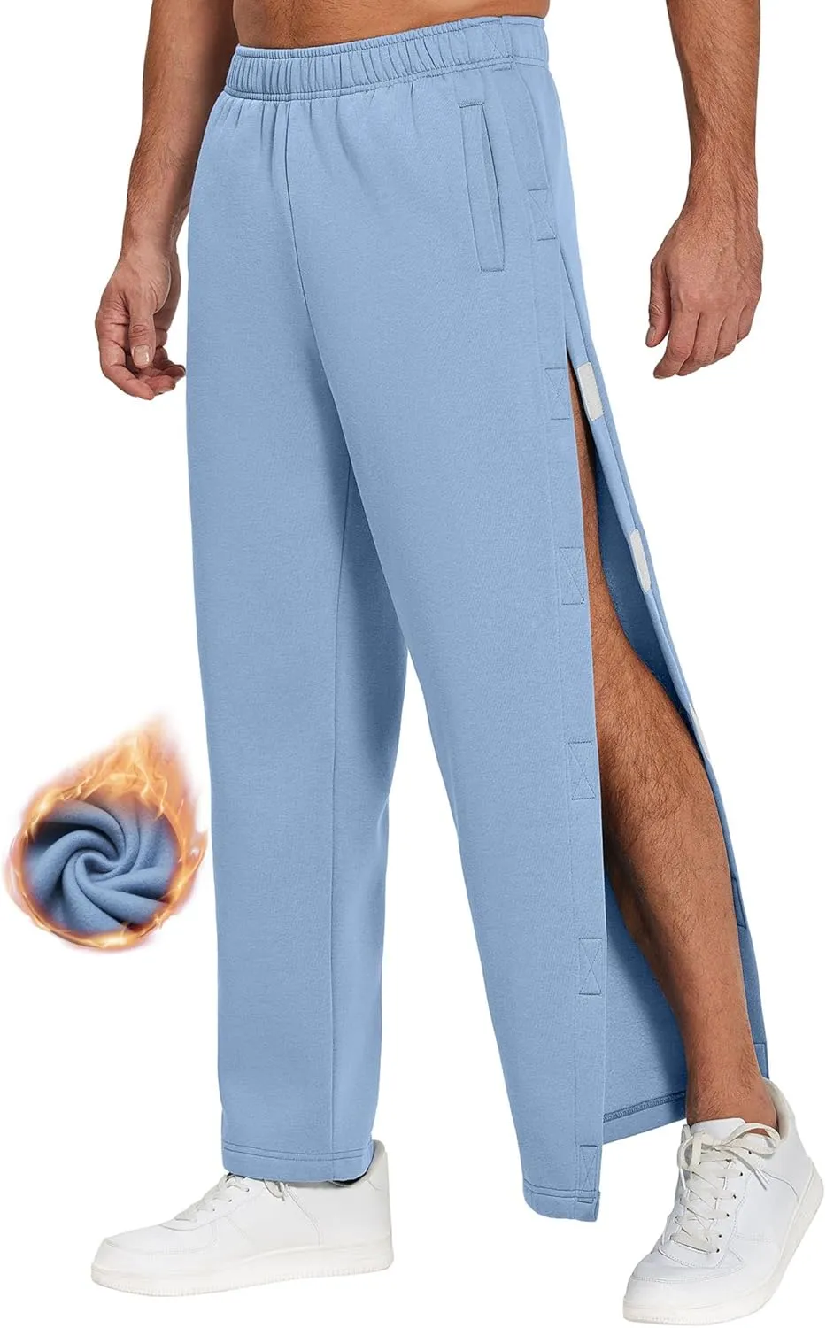 Deyeek Mens Fleece Tear Away Pants Loose Fit Post Knee Replacement Surgery Pants Breakaway Sweatpants Side Snap with Pockets