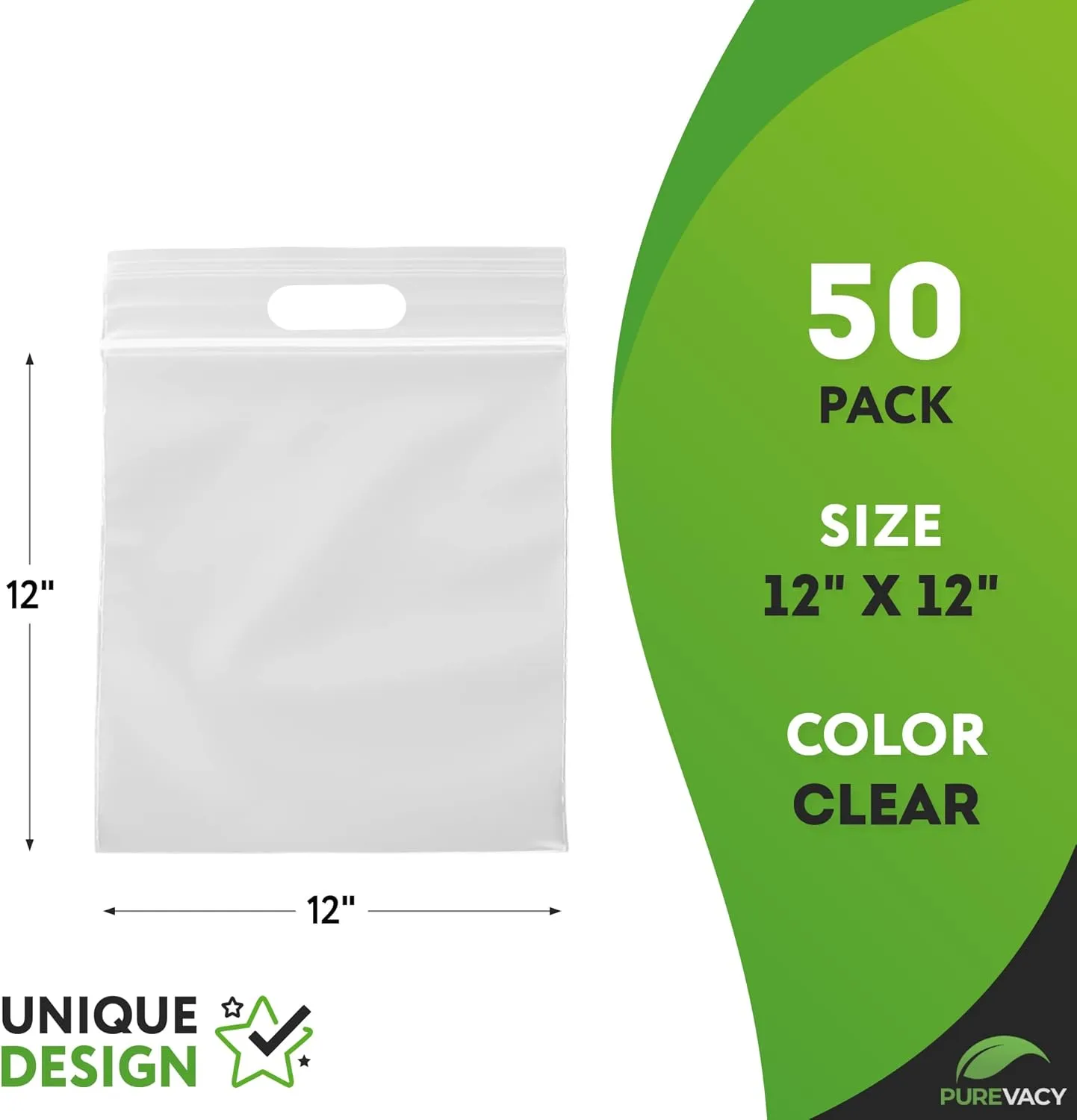 Die Cut Zipper Bags, 12 x 12 Inch, Pack of 50 Clear Polyethylene Reclosable Zip Bags for Clothes, Resealable Plastic Baggies