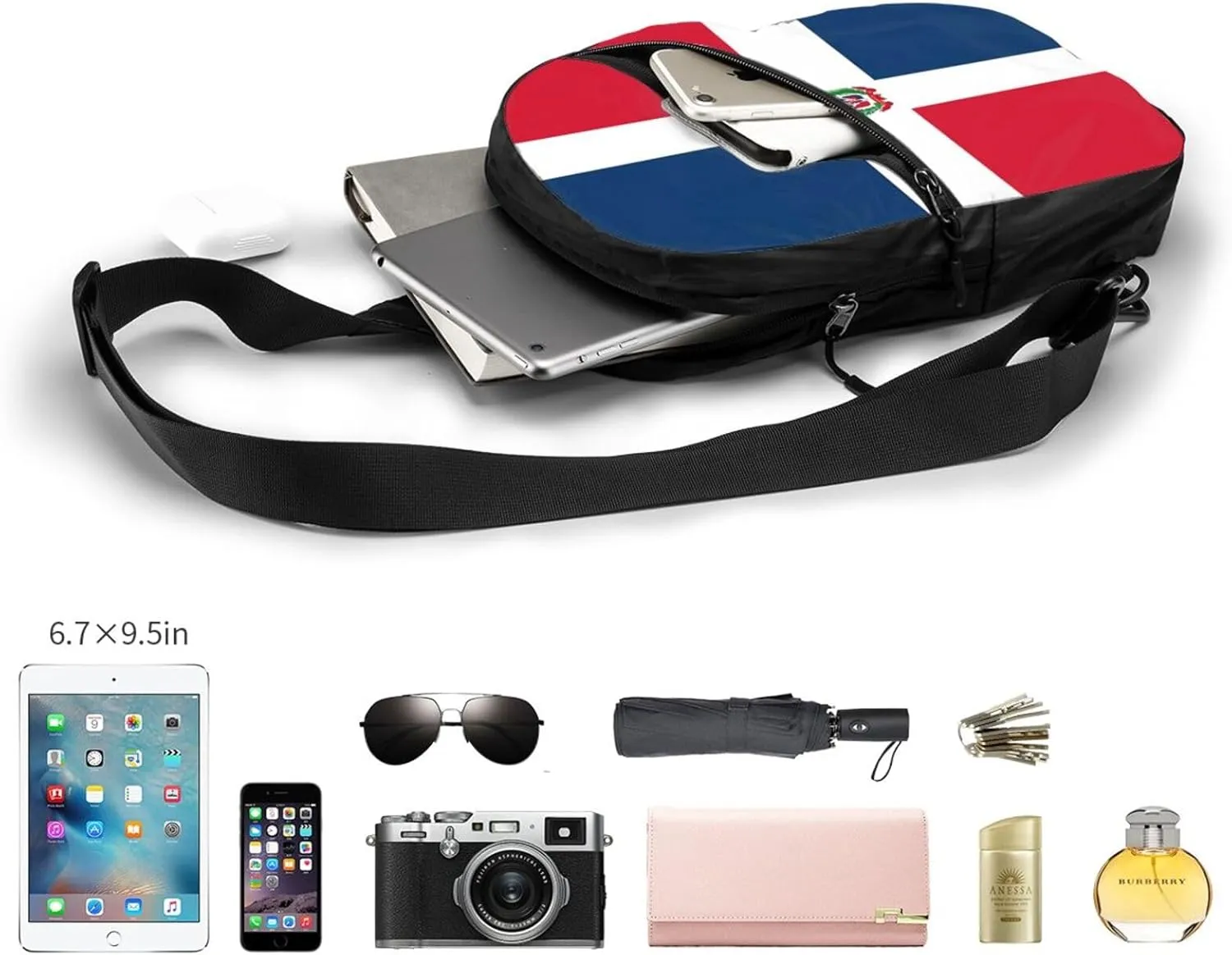 Dominica Republic Flag Packable Crossbody Bag Portable Sling Bags Foldable Travel Daypack Reusable Sports Shoulder Backpack Diagonally Chest Bag for Workout