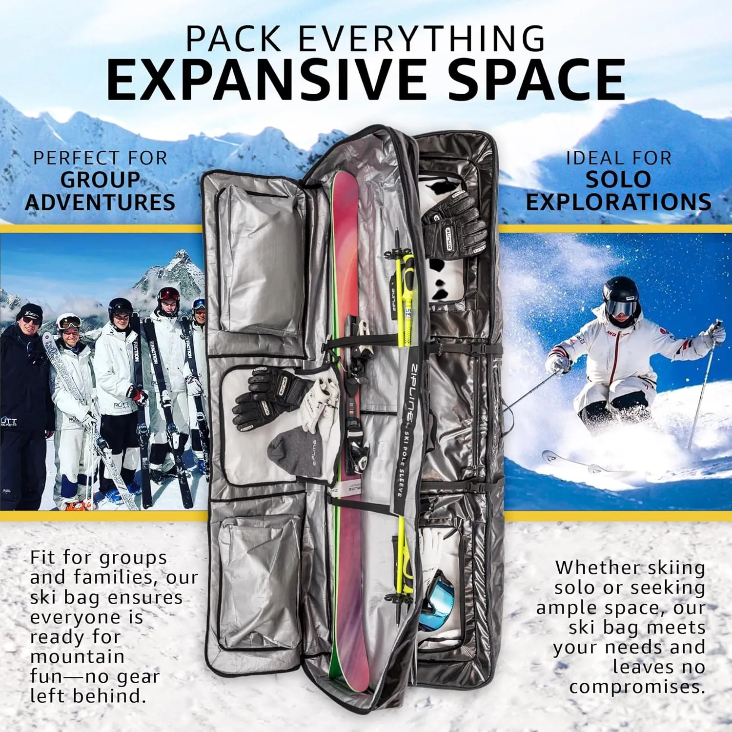 Double Ski Bag with Wheels - Gear & Apparel Storage for Skiers - 180/200 cm Capacity - Durable & Waterproof - Proven Performance - 3 Yr Warranty - Ski & Snowboard Travel Bag