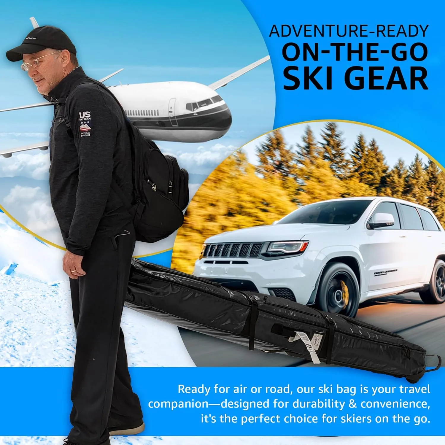 Double Ski Bag with Wheels - Gear & Apparel Storage for Skiers - 180/200 cm Capacity - Durable & Waterproof - Proven Performance - 3 Yr Warranty - Ski & Snowboard Travel Bag