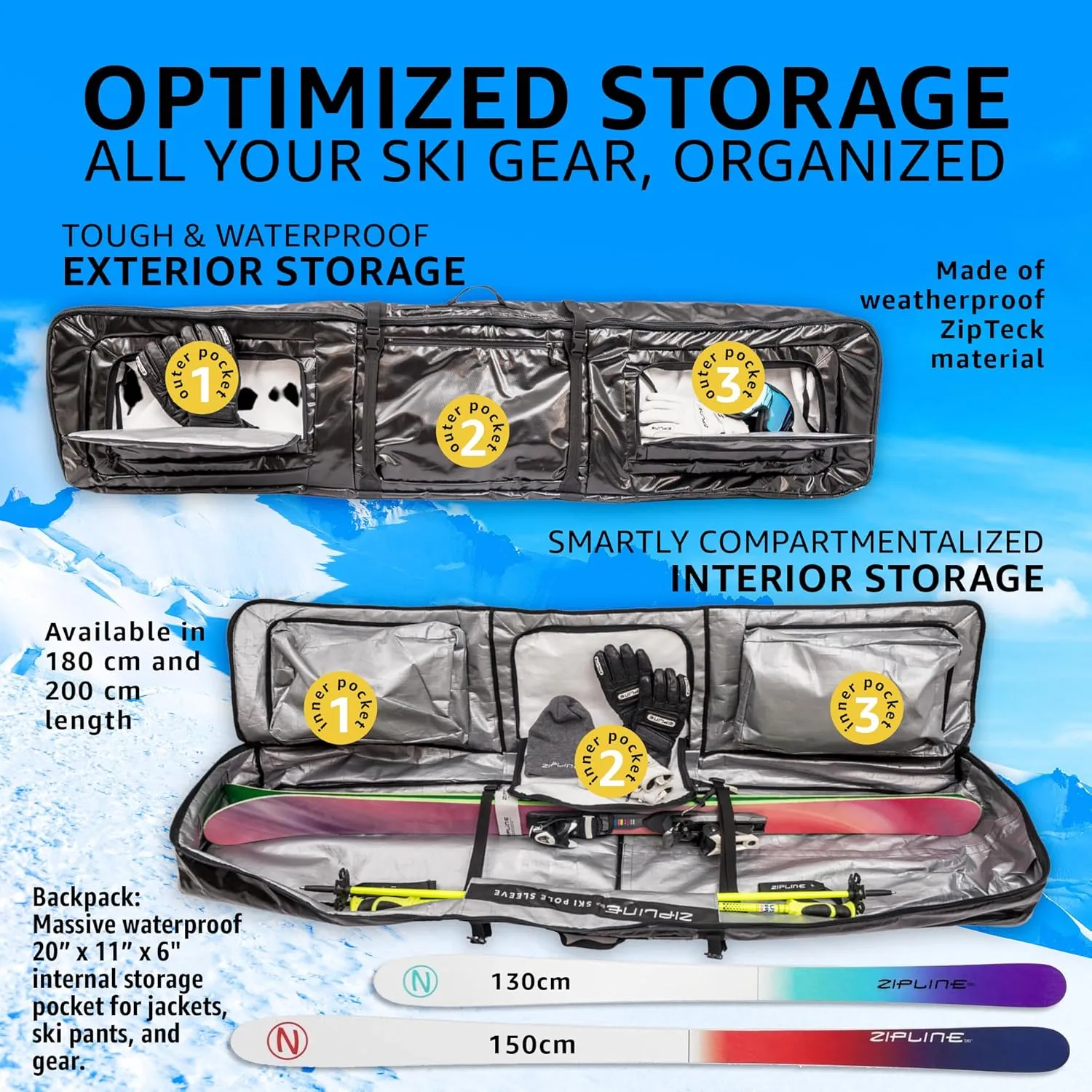 Double Ski Bag with Wheels - Gear & Apparel Storage for Skiers - 180/200 cm Capacity - Durable & Waterproof - Proven Performance - 3 Yr Warranty - Ski & Snowboard Travel Bag