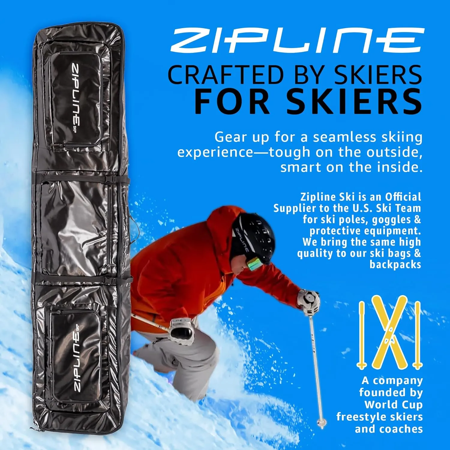 Double Ski Bag with Wheels - Gear & Apparel Storage for Skiers - 180/200 cm Capacity - Durable & Waterproof - Proven Performance - 3 Yr Warranty - Ski & Snowboard Travel Bag