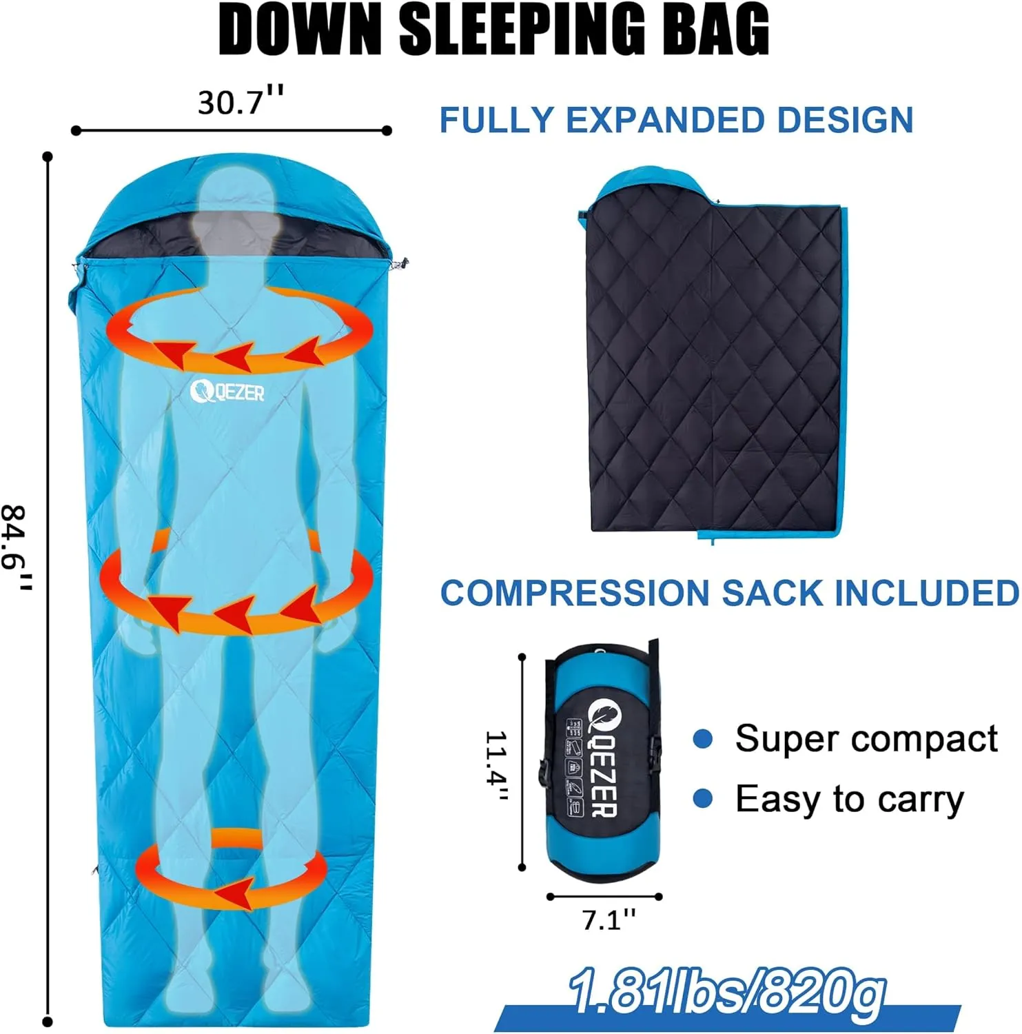 Down Sleeping Bag for Adults, Teens - 40-60 600 Fill Power Duck Down Ultralight Backpacking Bag With Compression Sack