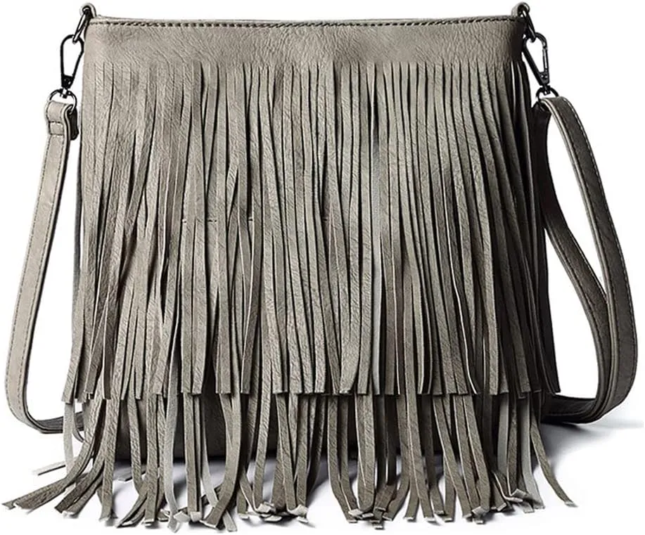 Downupdown Fringe Crossbody Bag for Women PU Leather Satchel Handbag Shoulder Bag Hobo Purse Tassel Boho Bags Handbag