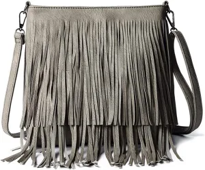 Downupdown Fringe Crossbody Bag for Women PU Leather Satchel Handbag Shoulder Bag Hobo Purse Tassel Boho Bags Handbag