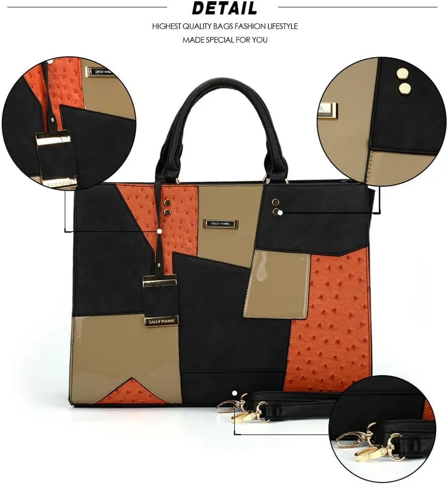 Downupdown Women Tote Bags Fashion Briefcase Bag Color Patchwork Leather Satchel Handbags Large Totes Purse Shoulder Bag