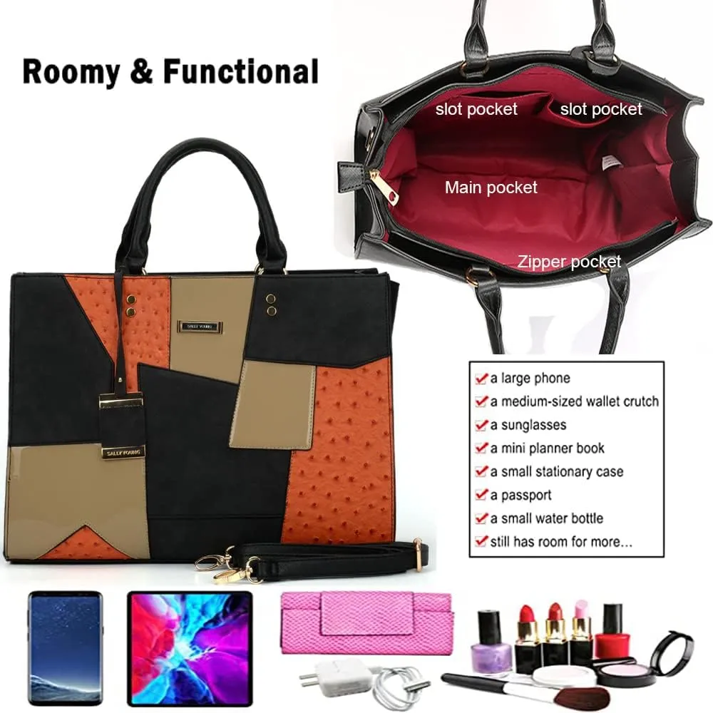 Downupdown Women Tote Bags Fashion Briefcase Bag Color Patchwork Leather Satchel Handbags Large Totes Purse Shoulder Bag