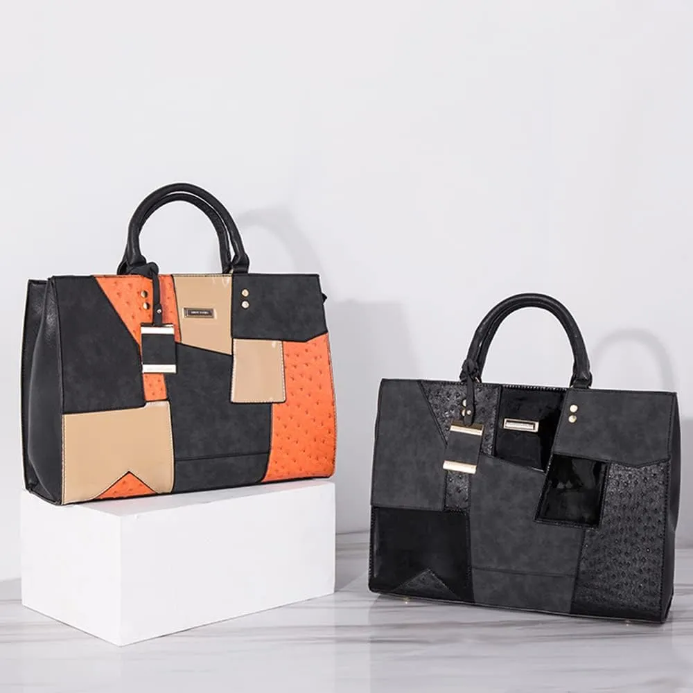 Downupdown Women Tote Bags Fashion Briefcase Bag Color Patchwork Leather Satchel Handbags Large Totes Purse Shoulder Bag