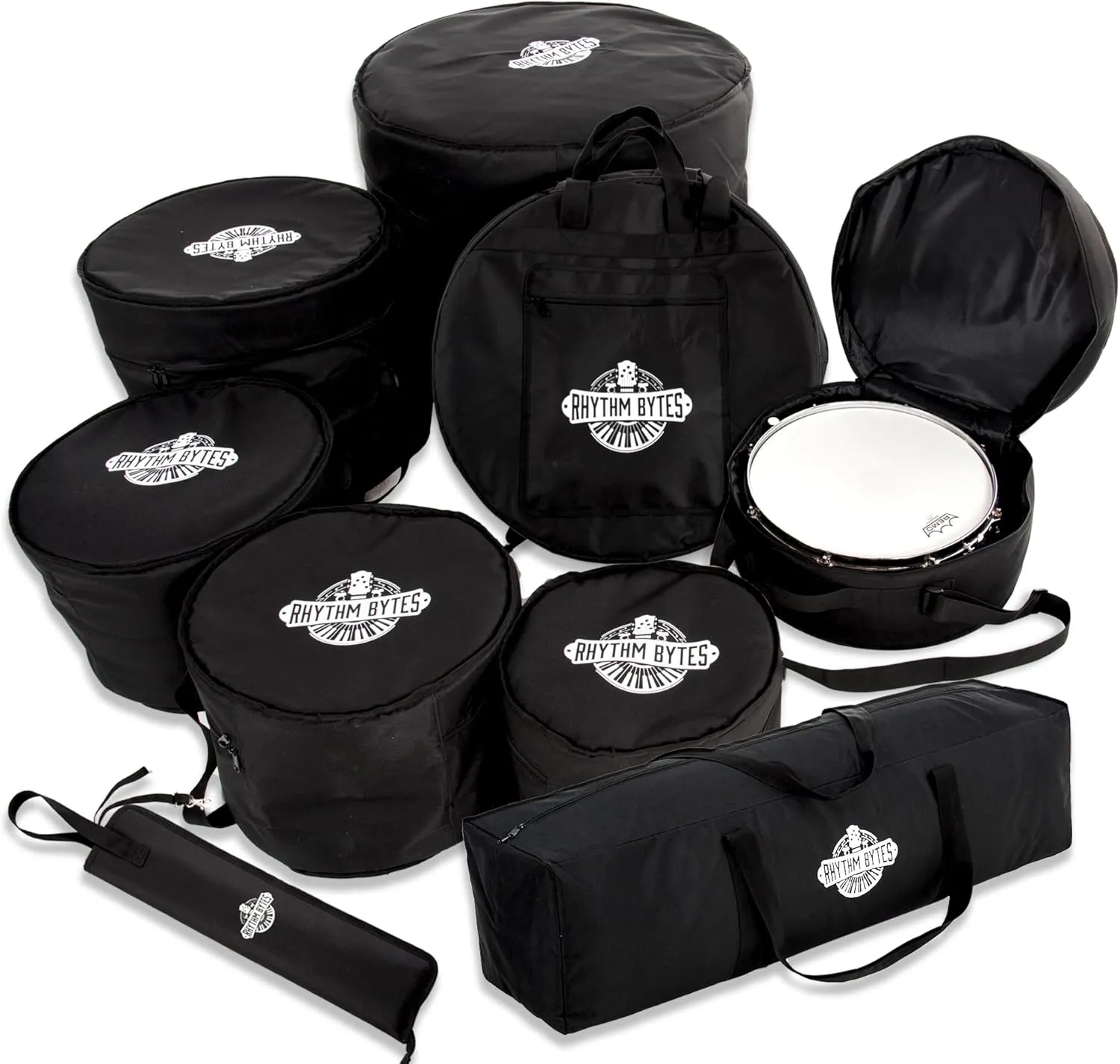 Drum Cases All-In-One Drum Bags, 10mm Padding, 10"/12"/13" Toms, 16" Floor Tom, 14" snare, 22" Kick, 46" hardware bag, 22" Cymbal Bag, Drumstick bag (All-Inclusive 9-pcs)