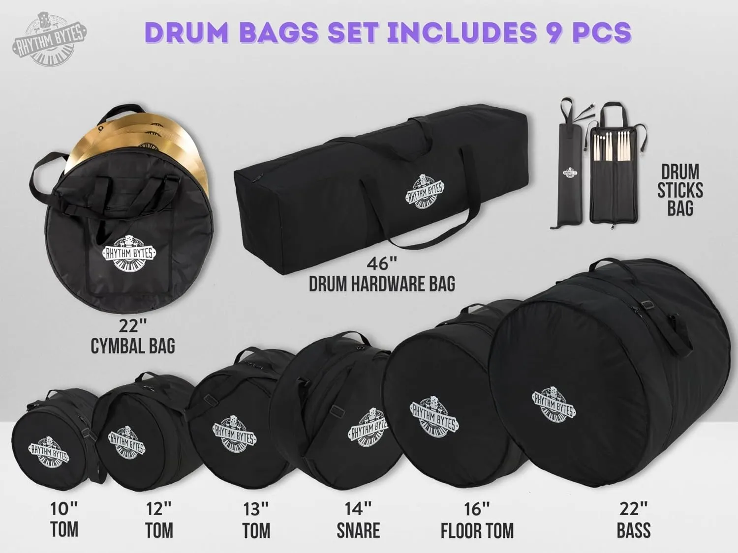 Drum Cases All-In-One Drum Bags, 10mm Padding, 10"/12"/13" Toms, 16" Floor Tom, 14" snare, 22" Kick, 46" hardware bag, 22" Cymbal Bag, Drumstick bag (All-Inclusive 9-pcs)
